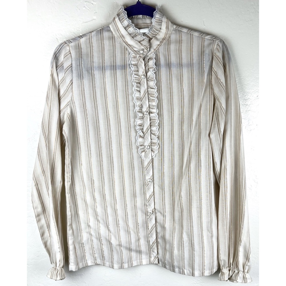 Vintage Present Tense Blouse Ruffle Collar Pin Stripe Size S Elastic Wrist Gold